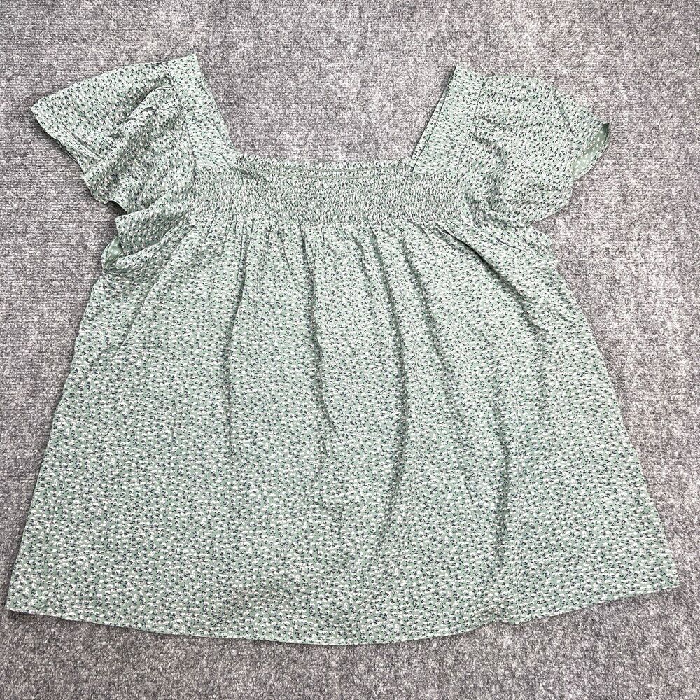 Lucky Brand Smocked Flutter Sleeve Top Womens Large Square Neck Green Floral
